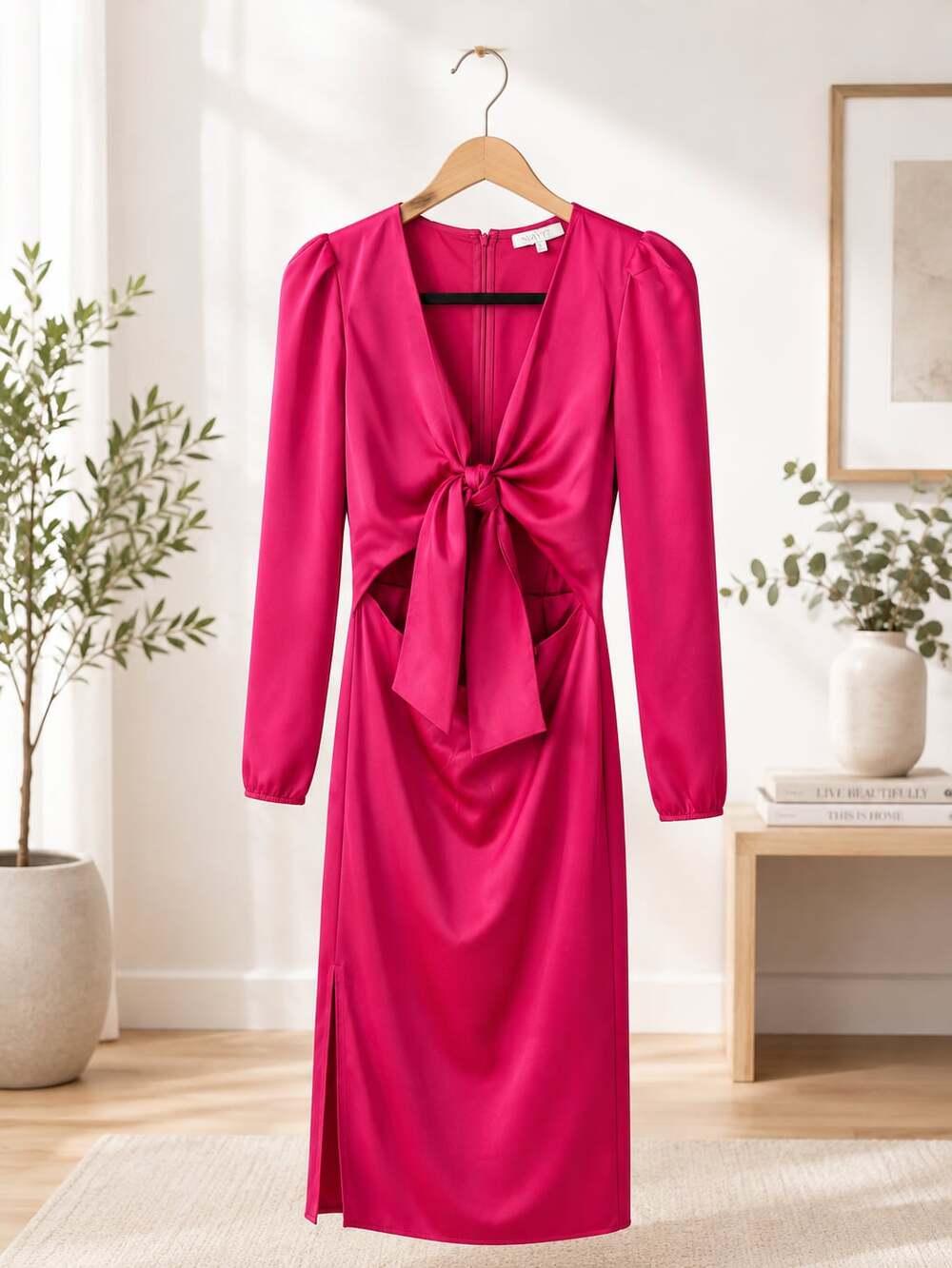 WAYF Poppy Cut-Out Tie Front Satin Midi Dress in Berry Pink